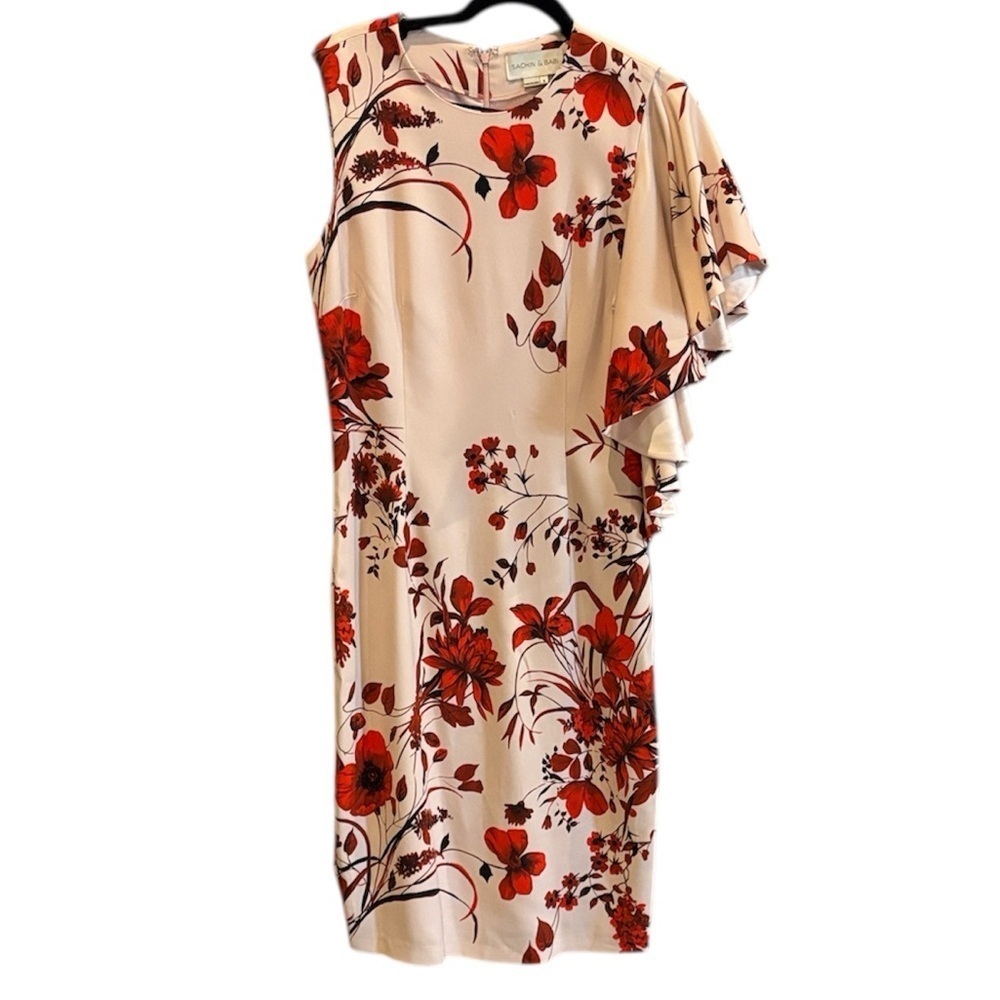 Sachin & Babi Pink Ted Floral Silk Blend One Ruffle Sleeve Dress Size 8 Lined